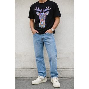 Karani Art Huichol Beaded Deer T-Shirt Black Multicolor Mexican Graphic Tee S